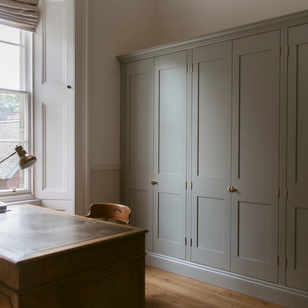 Not just for bedrooms, our wardrobes can be fitted into almost any room in your home. In this spacious study we added a full wall of wardrobes to hide away business documents and files (and the printer!), as well as providing storage for suits, shirt
