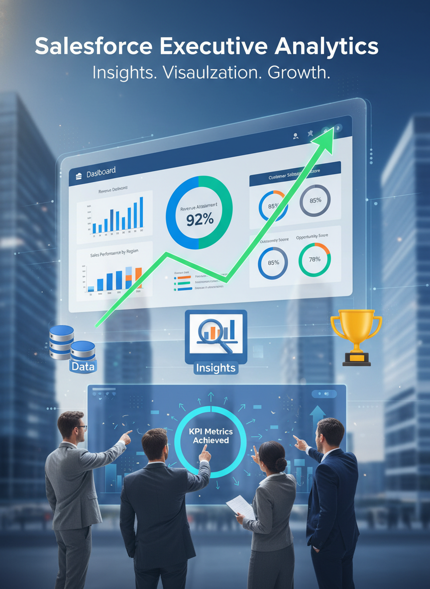 Business professionals in suits discussing Salesforce analytics dashboard projected on a glass wall, showing sales data, KPIs, and growth indicators.