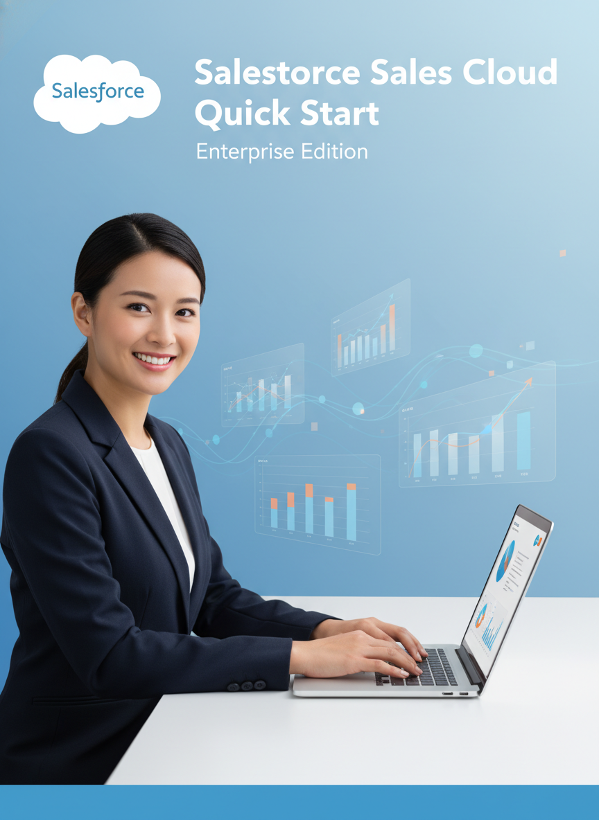 Smiling woman in business attire using a laptop at a desk with floating digital charts and graphs in the background, promoting Salesforce Sales Cloud Quick Start Enterprise Edition.