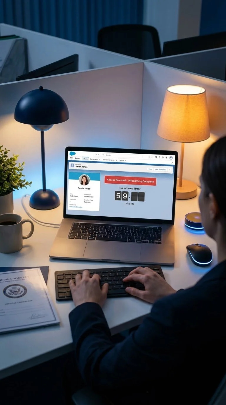 Office workspace with a computer screen showing a countdown timer and a red notification bar, a desk lamp, a coffee mug, a potted plant, and a person working at the desk.