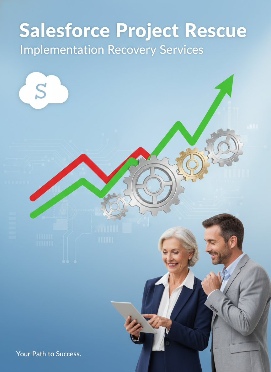 A promotional graphic for Salesforce Project Rescue featuring a smiling woman and man in business attire looking at a tablet, with a background of upward-trending arrow charts and interconnected gears symbolizing growth and process improvement.