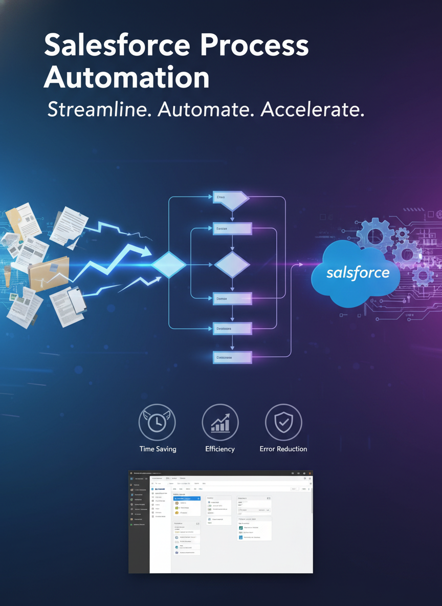 Poster with title 'Salesforce Process Automation' and subtitle 'Streamline. Automate. Accelerate.' features flowchart, icons for time saving, efficiency, error reduction, and an inset screenshot of a digital workflow interface.