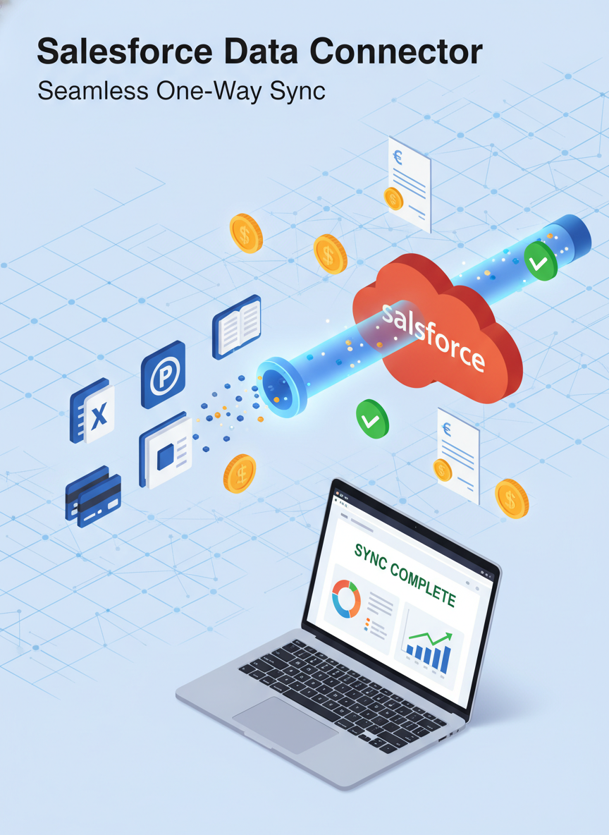 Illustration of Salesforce data integration showing data flow from various sources into a cloud platform, with a laptop screen displaying 'SYNC COMPLETE' and analytics charts.
