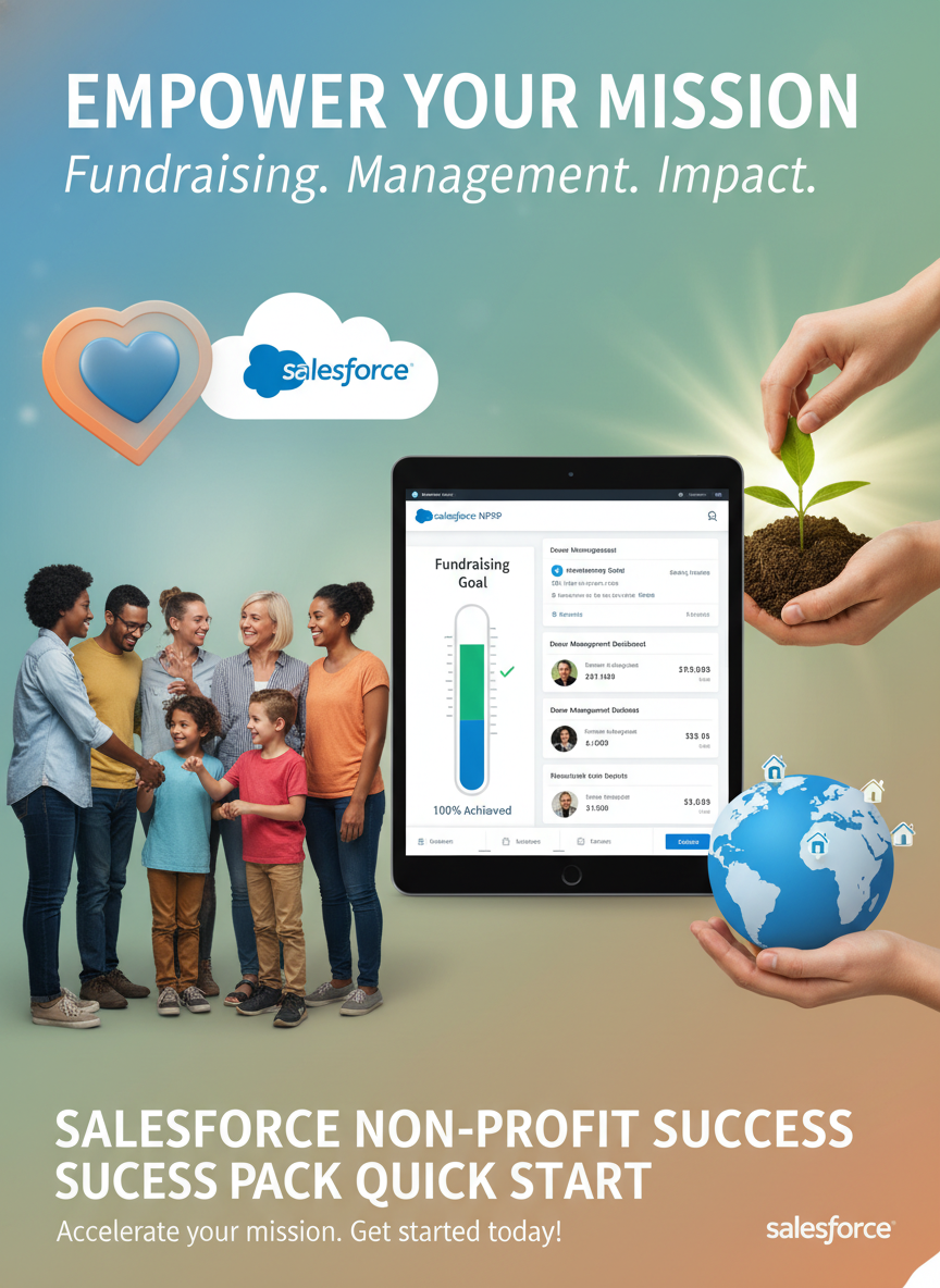 A promotional flyer for Salesforce Non-Profit Success Pack Quick Start featuring a group of diverse people, a tablet displaying fundraising progress, hands planting a seedling, and a globe with house icons. The background has a gradient of blue and green.