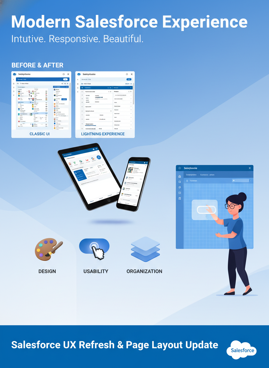 Graphic promoting Salesforce's Modern Salesforce Experience with a comparison of classic and lightning UI, mobile devices displaying Salesforce apps, icons representing design, usability, organization, and a character interacting with a Salesforce interface, with a blue banner at the bottom mentioning Salesforce UX refresh and page layout update.
