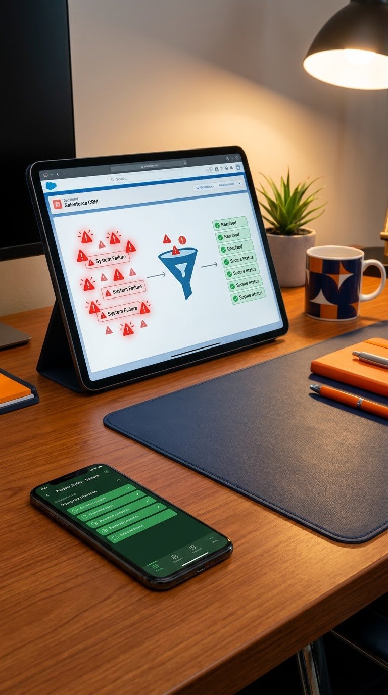 Wooden desk with a tablet displaying a system failure diagram, a smartphone showing a problem report, a coffee mug, a potted plant, an orange notebook, and pens, with a desk lamp and a monitor in the background.