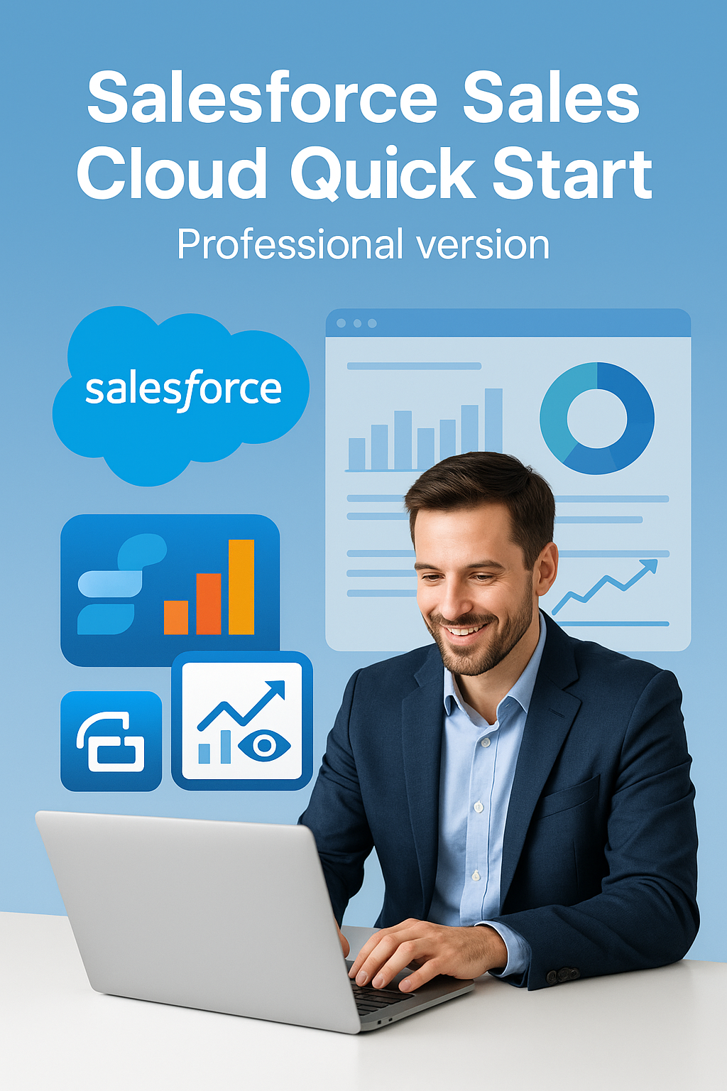 Man in blue suit using a laptop with Salesforce Sales Cloud Quick Start promotional background