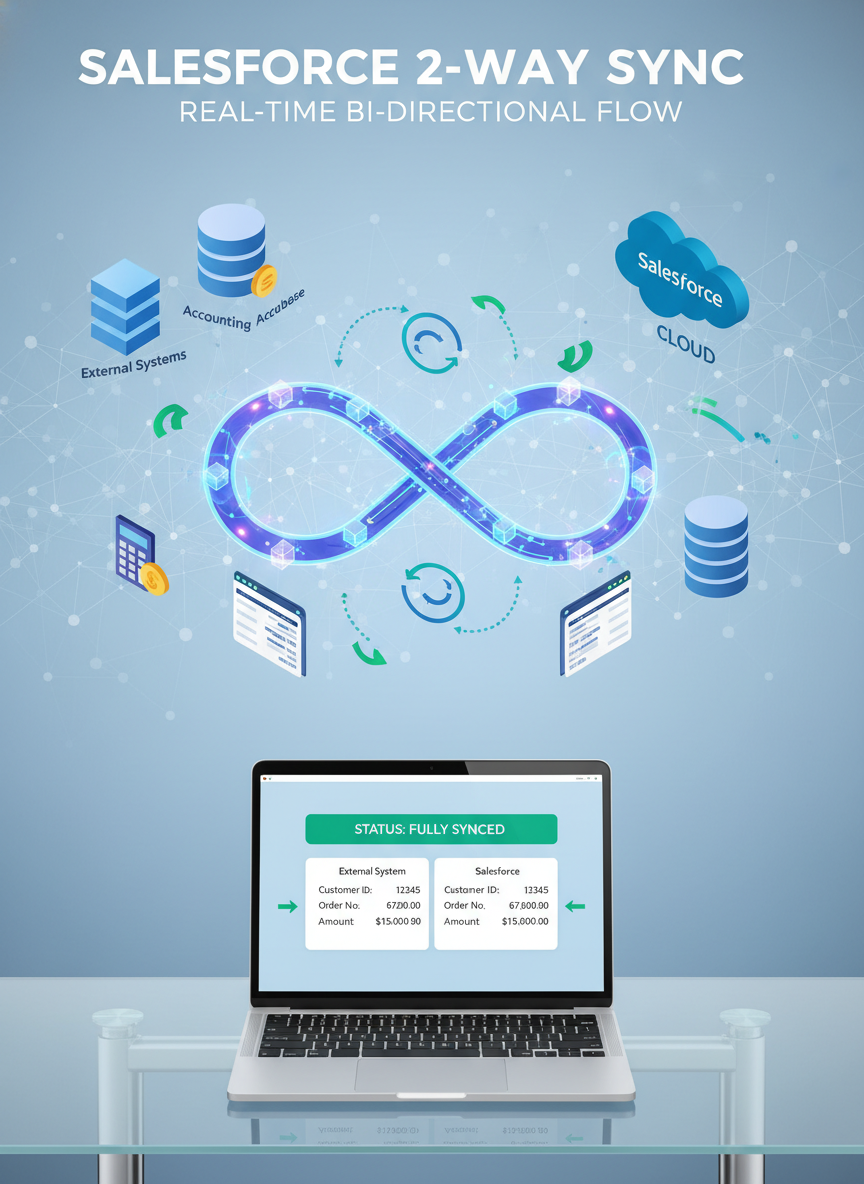Digital illustration showing Salesforce 2-way data synchronization between external systems, accounting database, and cloud, with a laptop displaying fully synced status and details of an external system and Salesforce order.