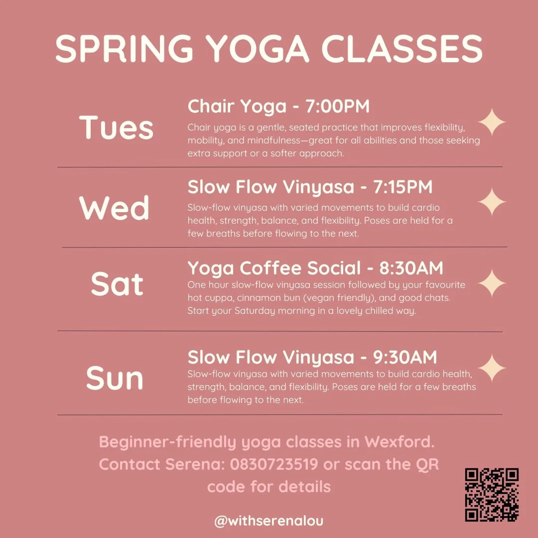 My classes for March/April 🙏 

Wednesday and Sunday location @thehallfethard 
Tuesday location @swwfrc 
Saturday location @kellysonthecornerfoodyard 

Details and booking links in the bio 🙏

#yogawexford #yogaclasseswexford #vinyasaflowyoga #chairy