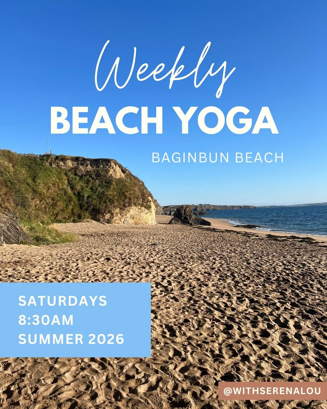 Weekly beach yoga on beautiful Baginbun beach is starting back for the summer next Saturday, May 23rd at 8:30am. 

Beginner friendly sessions so all welcome. All you need is a mat or towel to practice on.

Weather dependent so booking is required in 