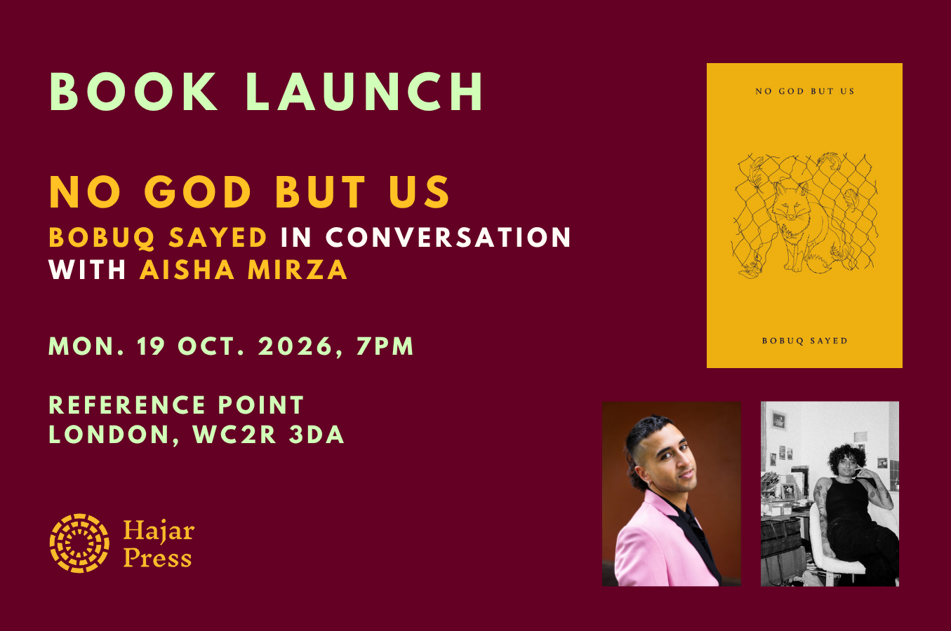 Book Launch — No God but Us: Bobuq Sayed with Aisha Mirza