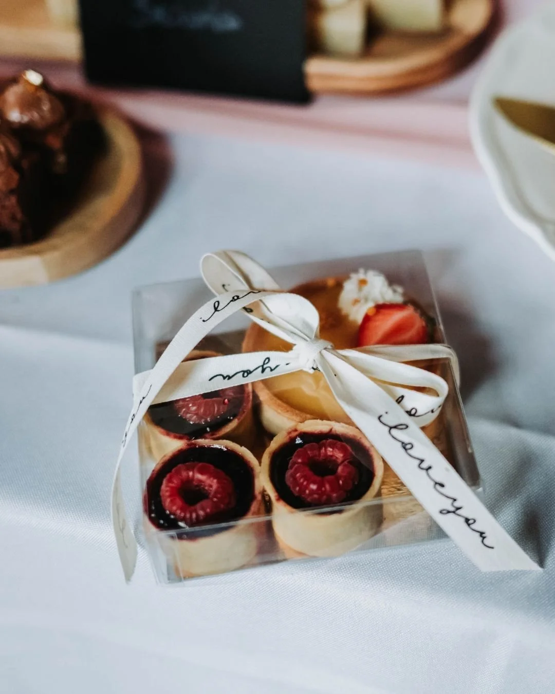 For weddings a big, beautiful cake is cut, but for your guests coming in for the party or as a wedding favor, these little guys are perfect!

My mini tarts are super versatile and look really pretty, out of display or packaged with some ribbon. The p
