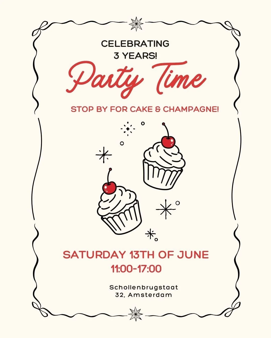 You're invited!

Date: 13-06
Time: 11:00-17:00

Celebrating 3 incredible years at Gebak van Tabak, which have been a wild ride to say the least, but one that has filled me so much happiness. Seeing you all come back for cakes or just for a little cha
