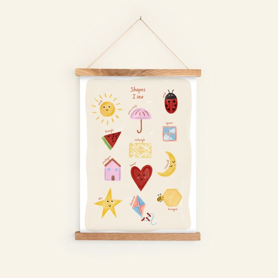Shapes Print - Educational Nursery Wall Art in hanging wooden frame