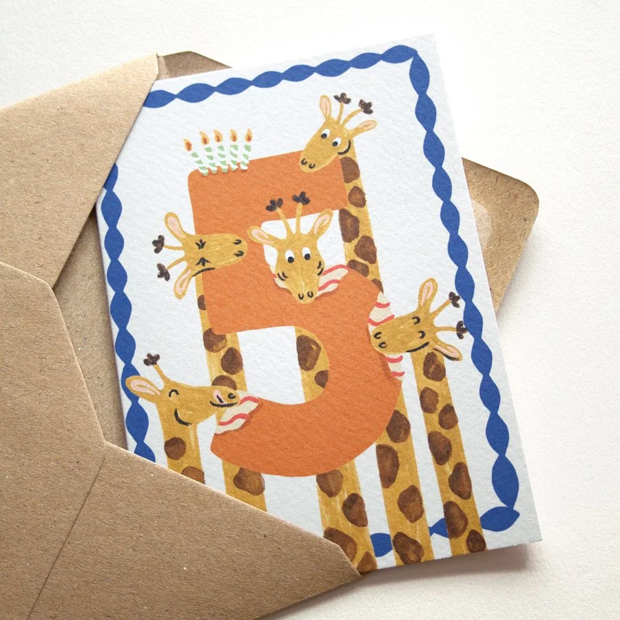 Giraffes 5th Birthday Card in kraft envelope