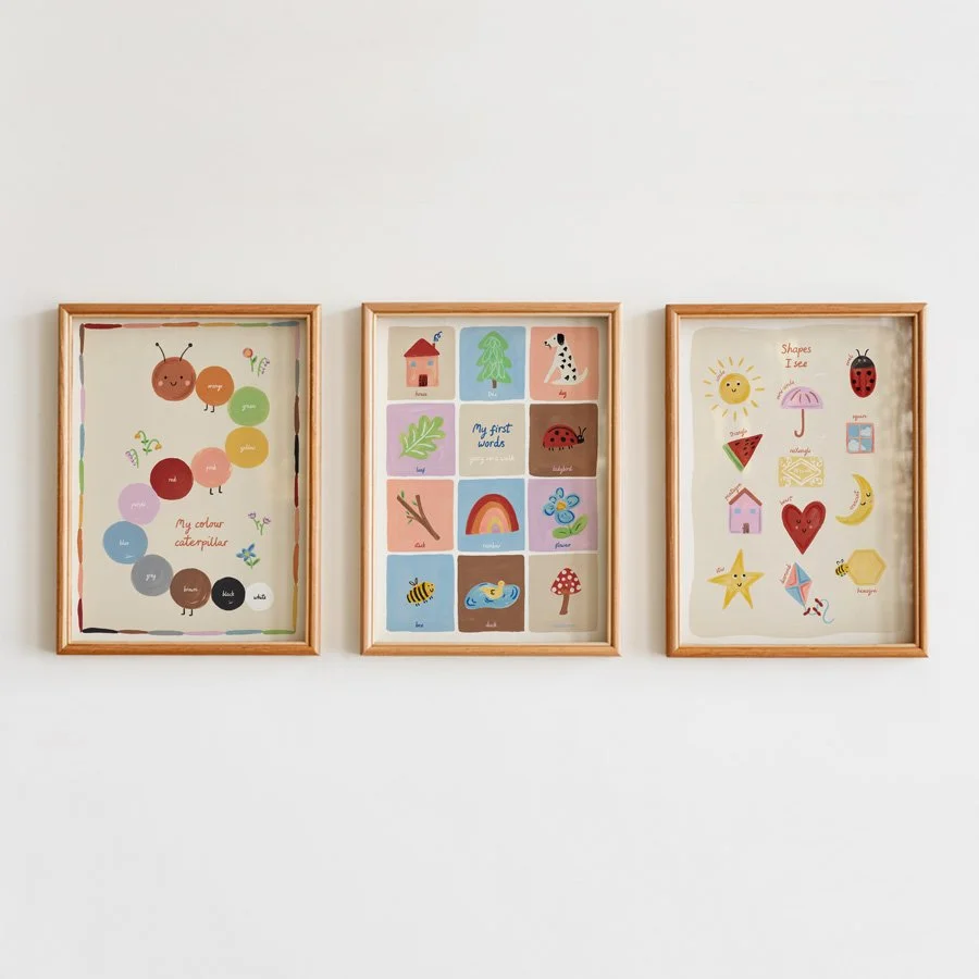 Educational Nursery Print Set of 3 in wooden frames