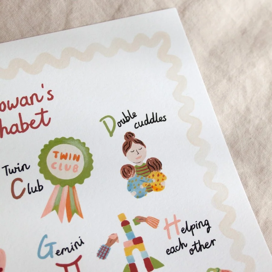 Twin Alphabet Print close up of 'double cuddles'