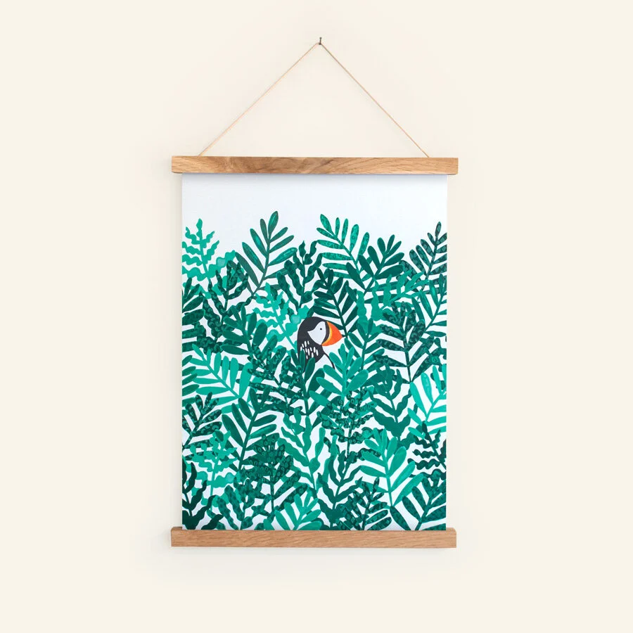 Puffin print for children in wooden hanging frame
