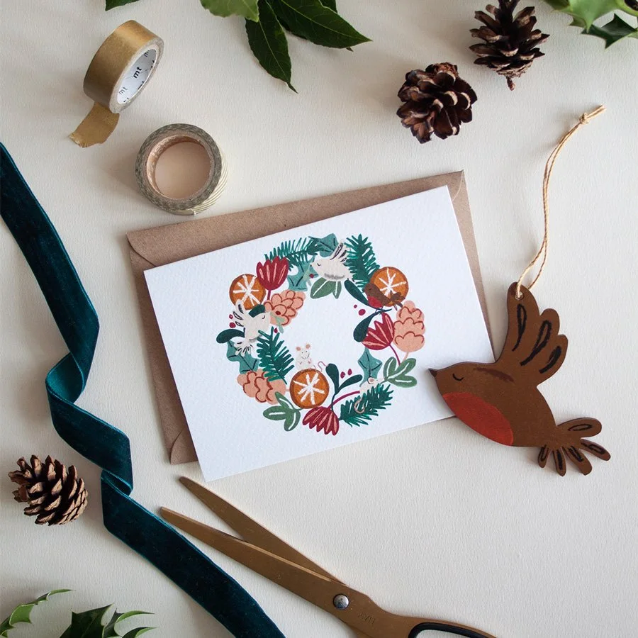 Robin wooden Christmas decoration with Christmas card, washi tape, ribbons and foraged foliage