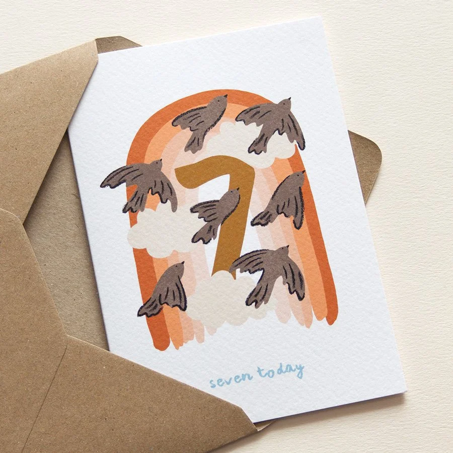 Birds 7th Birthday Card with kraft envelope on angle