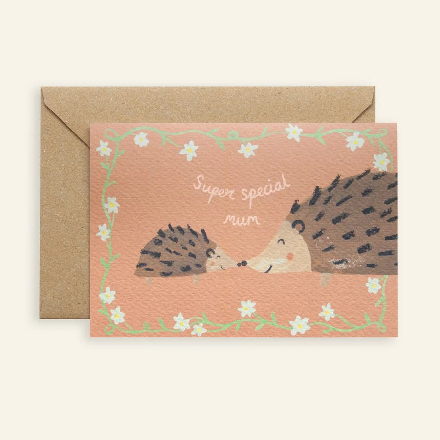 Hedgehog Mother's Day Card on plain background