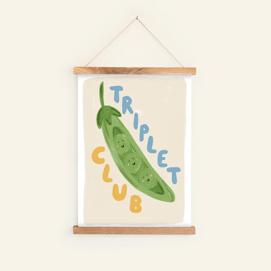 Little Em peas in a pod triplet nursery wall art print in hanging frame blue / yellow