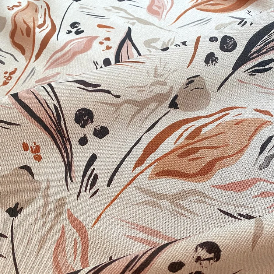 Landscape and Leaves Burnt Orange / Pink Fabric close up