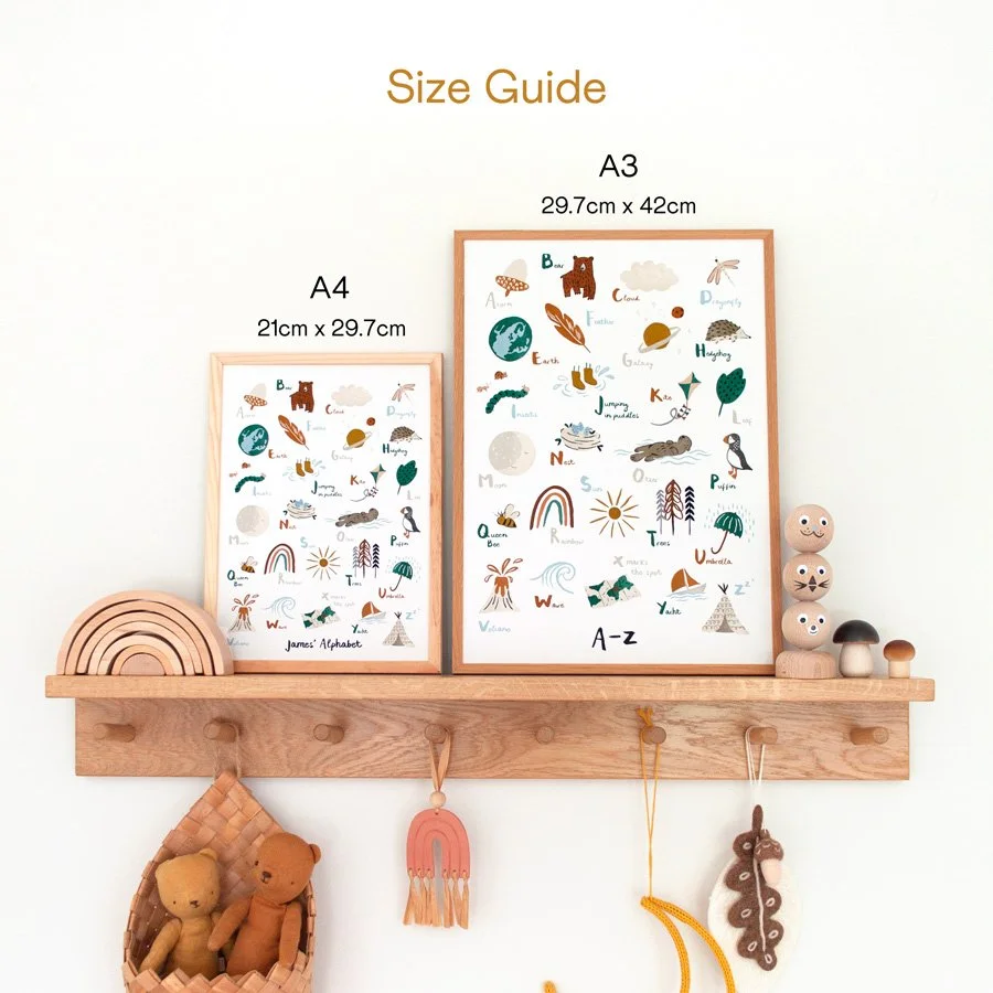Alphabet Nursery Print size guide A4 and A3