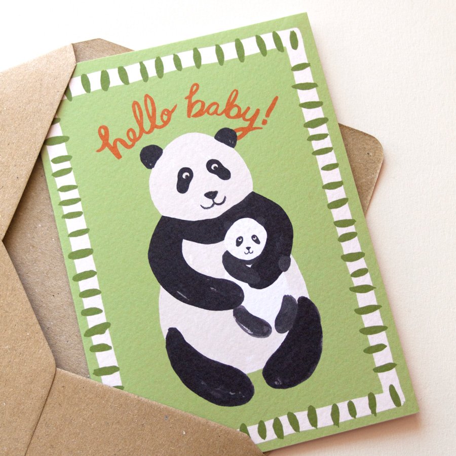 Panda New Baby Card on angle in kraft envelope