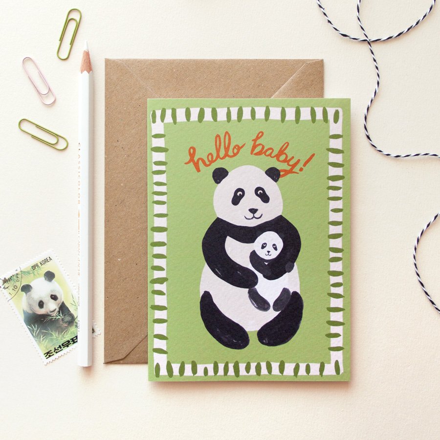 Panda New Baby Card styled with pencil, panda stamp and paperclips
