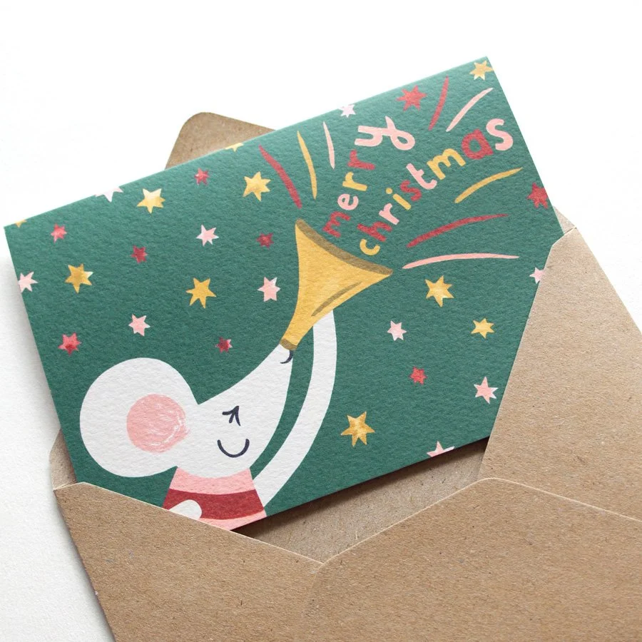 Christmas cheer mouse card in kraft envelope on angle