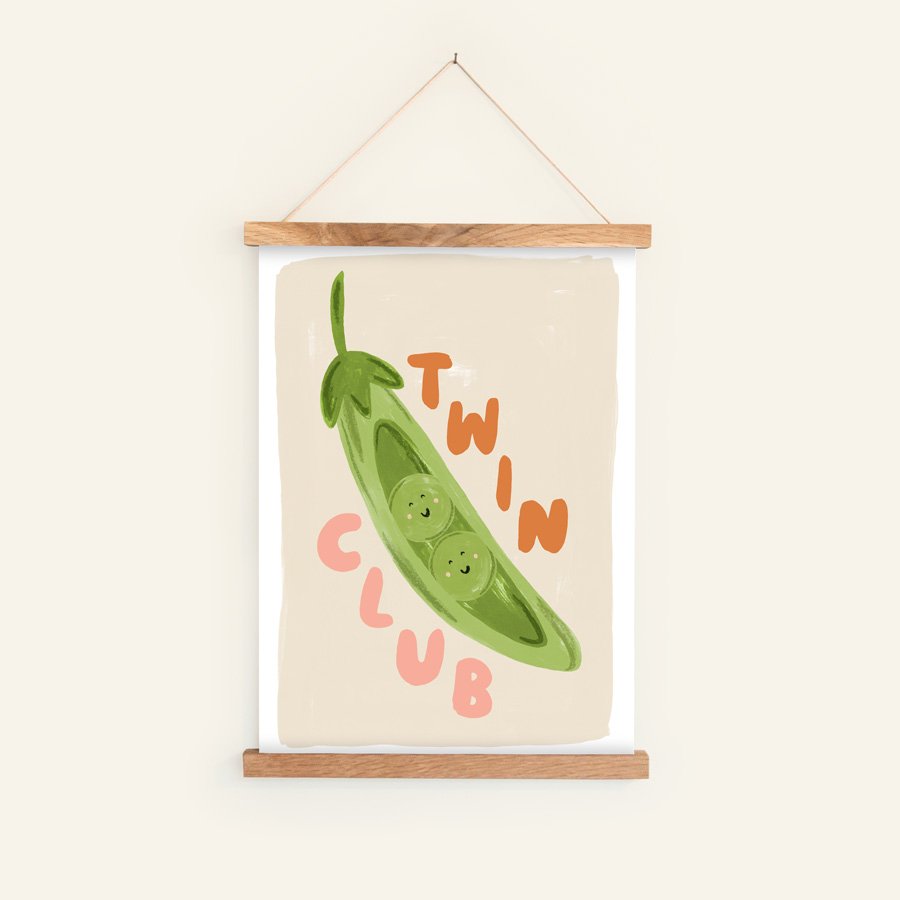 Peas in a Pod Twin Nursery Print orange / pink in hanging frame