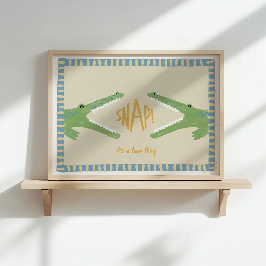 Crocodiles Twin Nursery Print in vintage blue and butter yellow styled on small wooden shelf with light