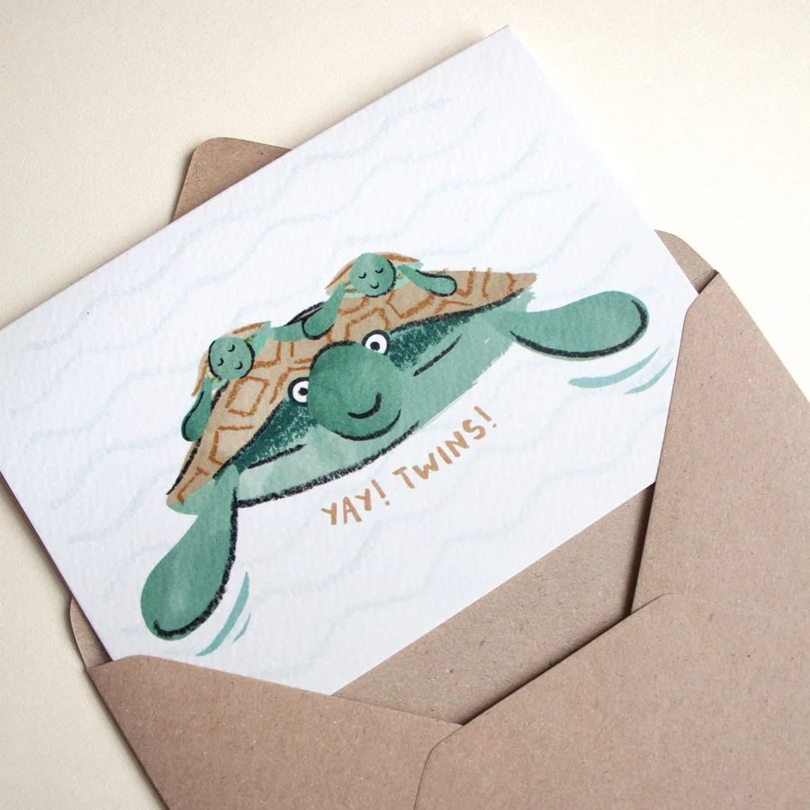 Turtle Twin New Baby Card in kraft envelope