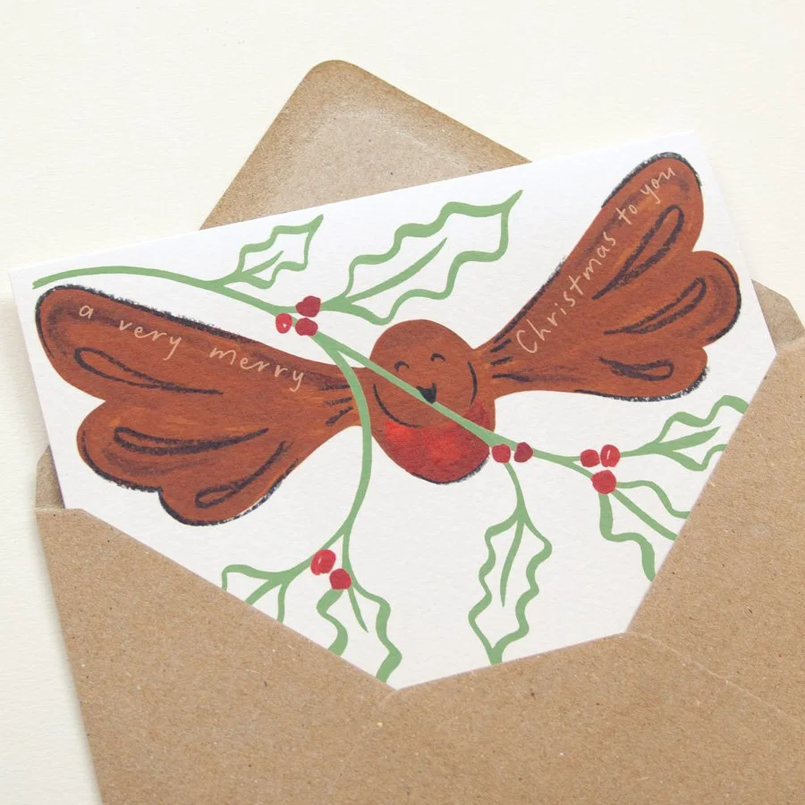 Robin Christmas Card in kraft envelope on angle