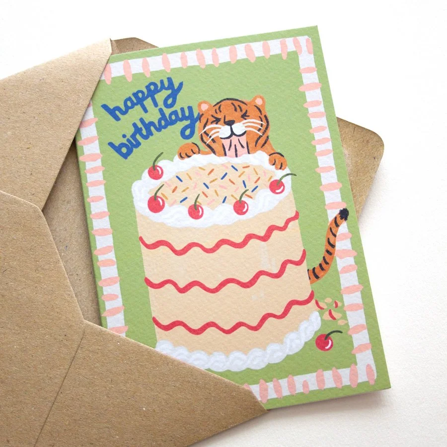 Hungry tiger birthday card in kraft envelope on anglae