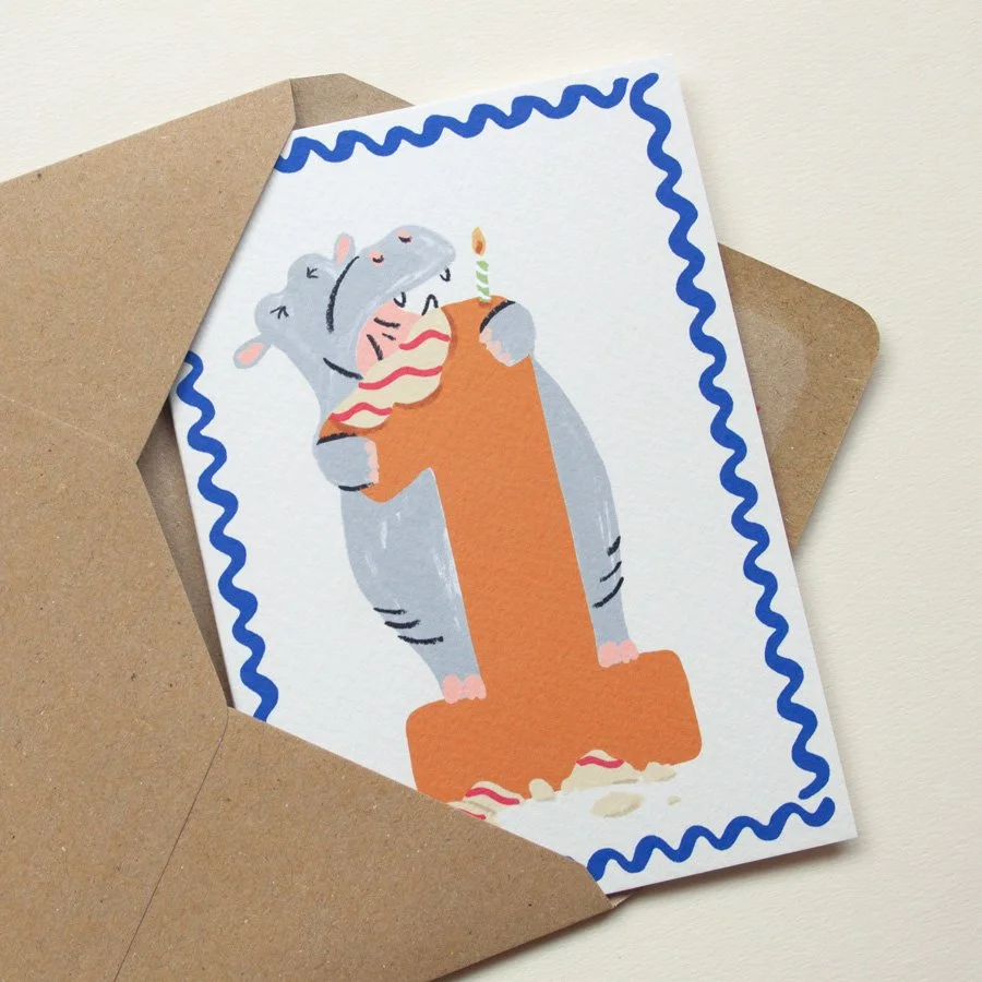 Hippo 1st Birthday Card in kraft envelope