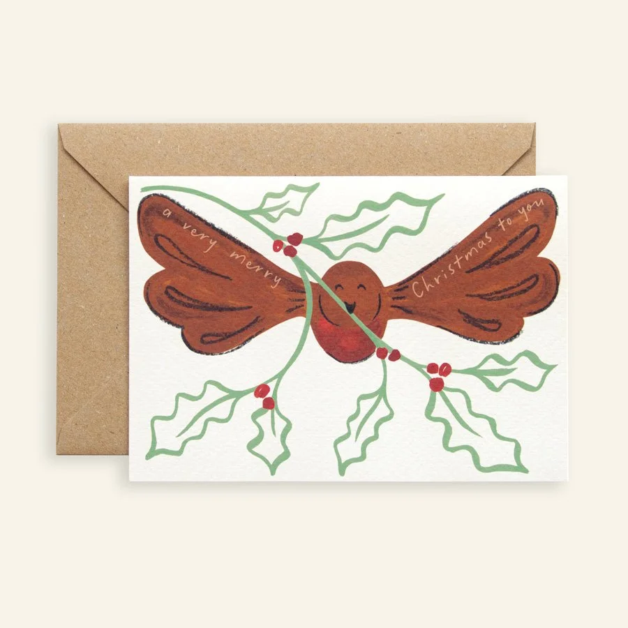 Robin Christmas Card with kraft envelope on plain background