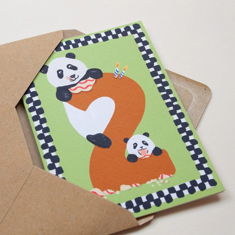 Pandas 2nd Birthday Card in kraft envelope