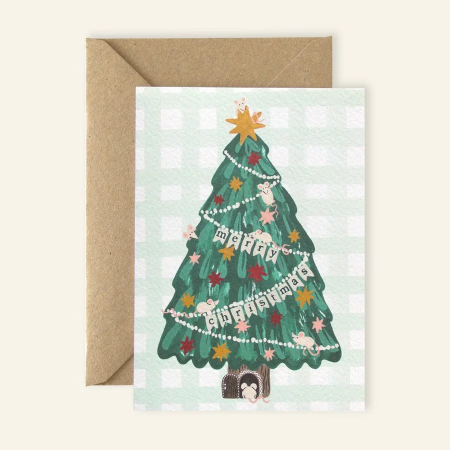 Mice Christmas Card with kraft envelope on plain background