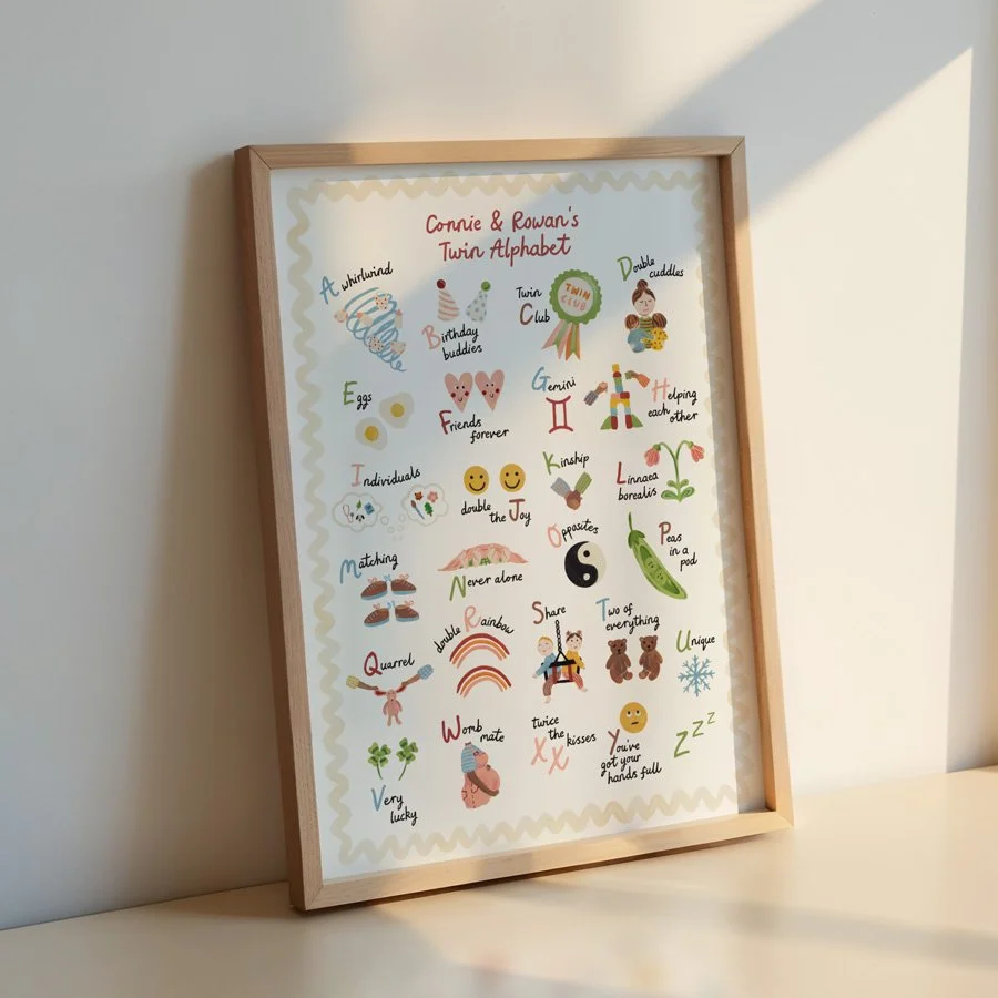 Personalised Twin Alphabet Print in wooden frame leaning against wall