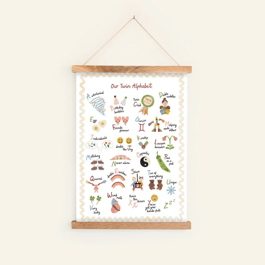 Twin Alphabet Print in hanging wooden poster frame
