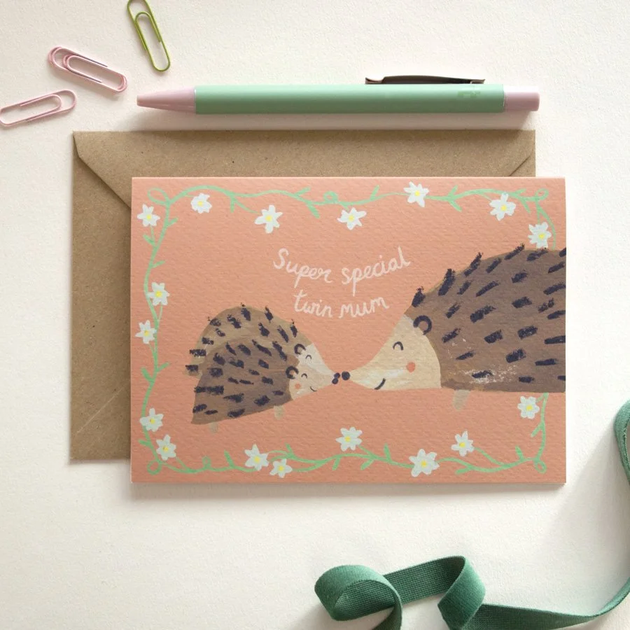 Hedgehog Twin Mother's Day Card styled with paper clips, ribbon and pen