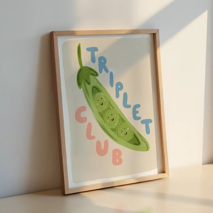 Little Em peas in a pod triplet nursery wall art print in wooden frame blue / pink