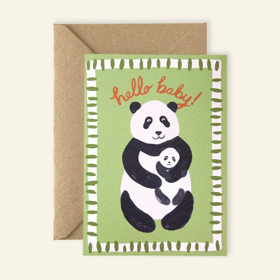 Panda New Baby Card with kraft envelope on plain background