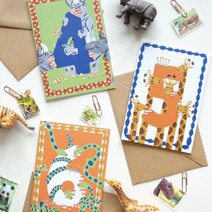 Hungry Animals 4th, 5th & 6th Birthday Card Set styled with stamps and plastic animals