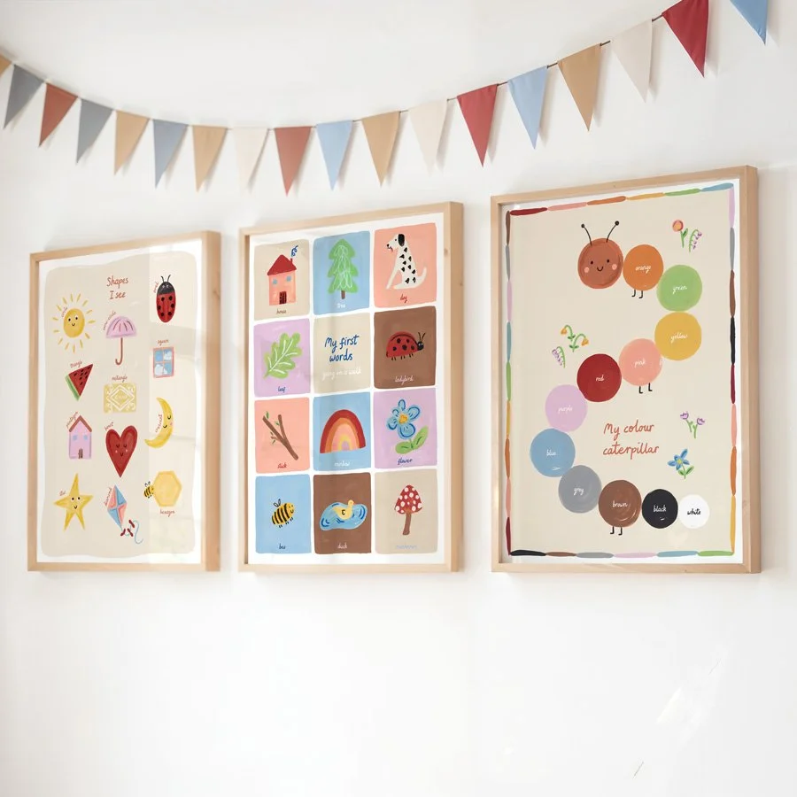 Educational Nursery Print Set of 3 in wooden frames with bunting