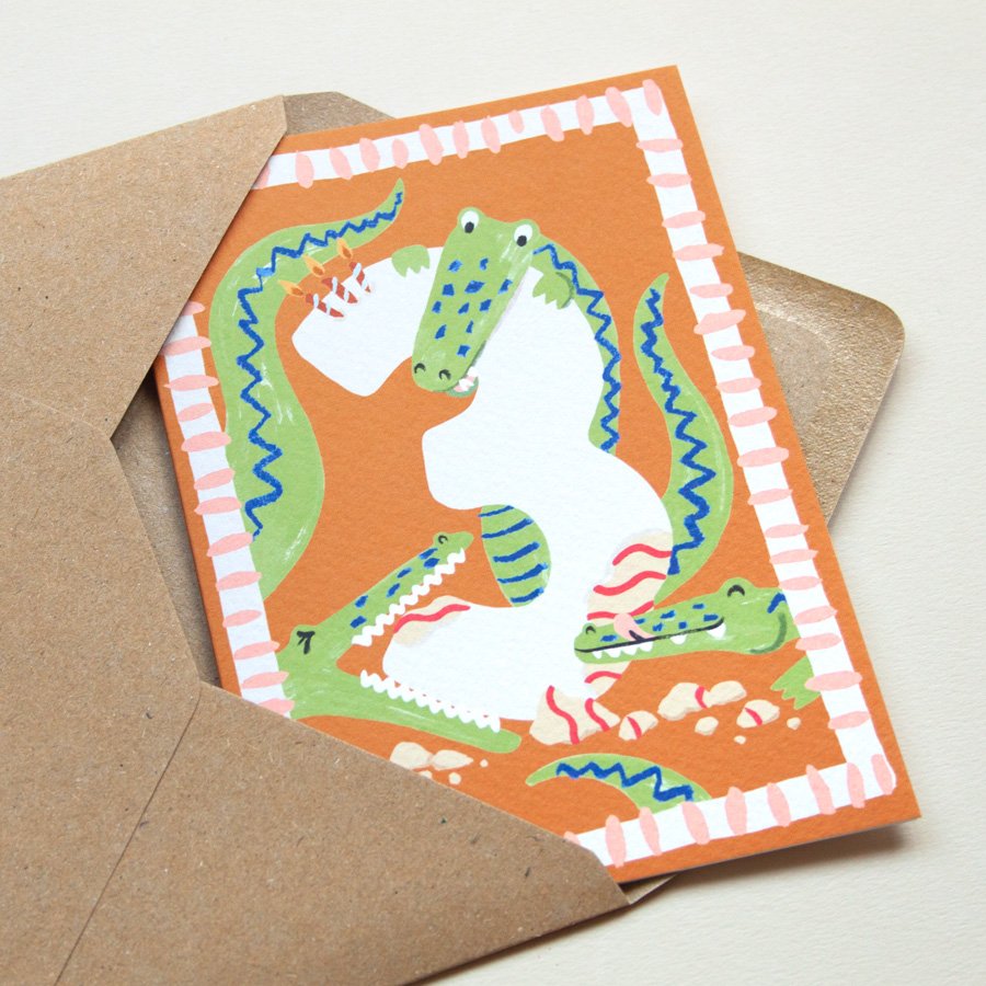 Crocodiles 3rd Birthday Card with kraft envelope plain background