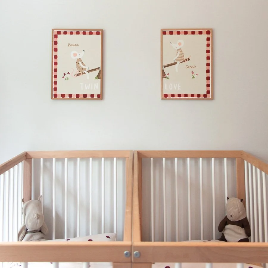 Personalised Twin Print Set styled above twin cots