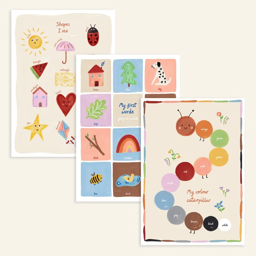 Educational Nursery Print Set of 3 on plain background unframed
